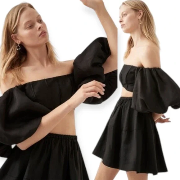 Aje Eugene Off The Shoulder Crop Top Black Puff Sleeves Size 16 US 12 Large NWT - Picture 8 of 8